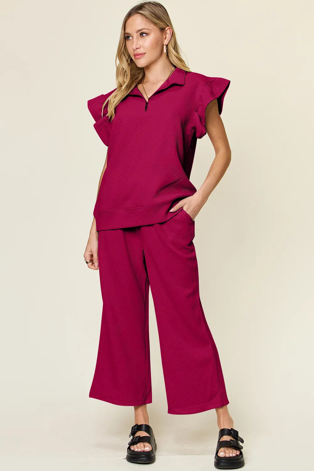 Double Take Texture Ruffle Short Sleeve Top and Drawstring Wide Leg Pants Set Deep Rose / S