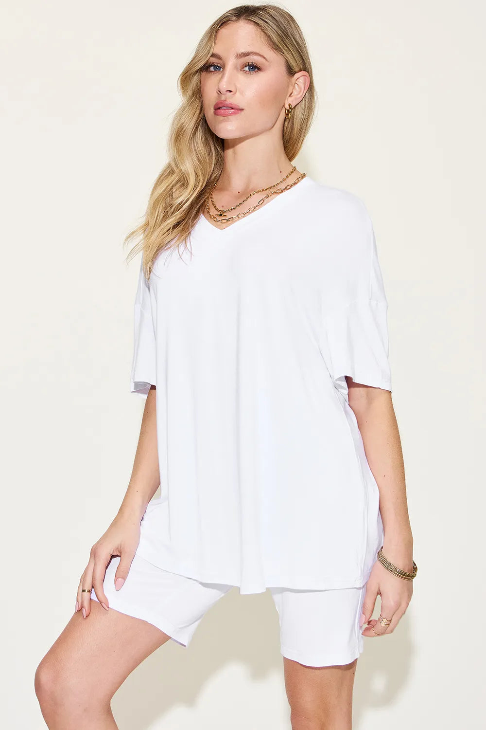 Basic Bae Full Size V Neck Drop Shoulder T Shirt and Shorts Set White / S