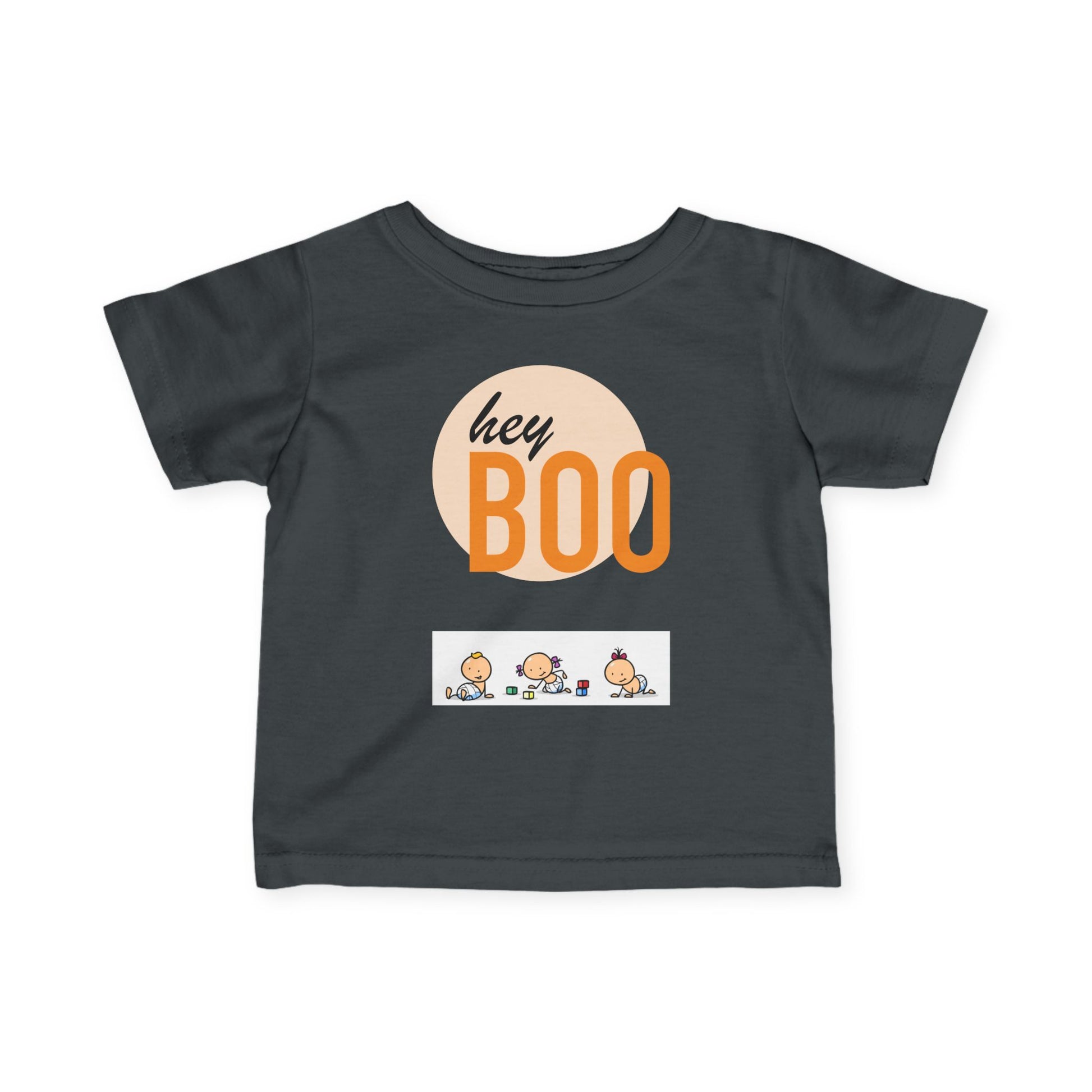 Adorable Infant Fine Jersey Tee ’Hey Boo’ for Fall Baby Showers Halloween or Everyday Fun! Charcoal / 6M