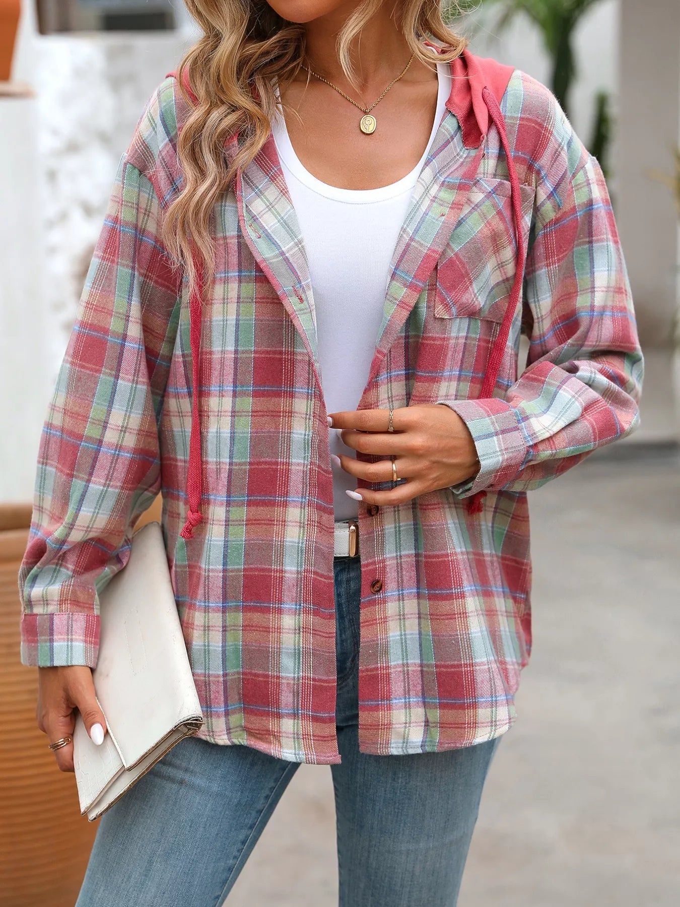 Plaid Button Up Hooded Shirt