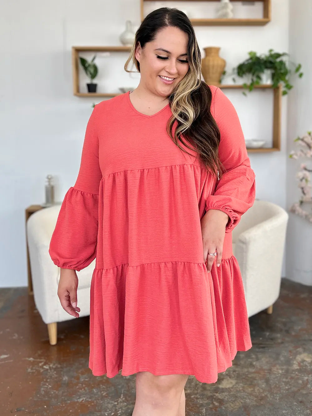 Double Take Full Size V Neck Balloon Sleeve Tiered Dress with Pockets