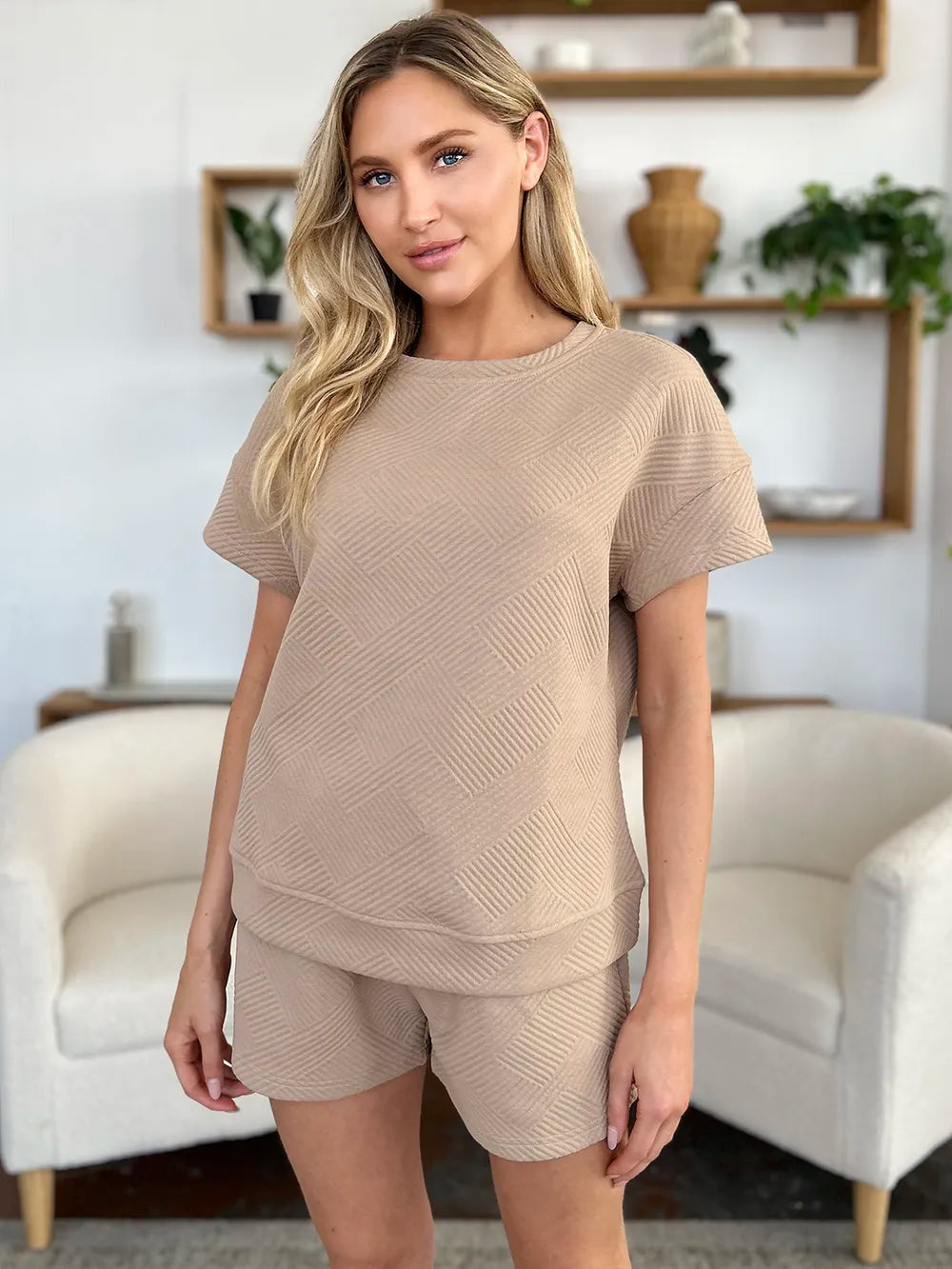 Double Take Full Size Texture Short Sleeve T Shirt and Drawstring Shorts Set
