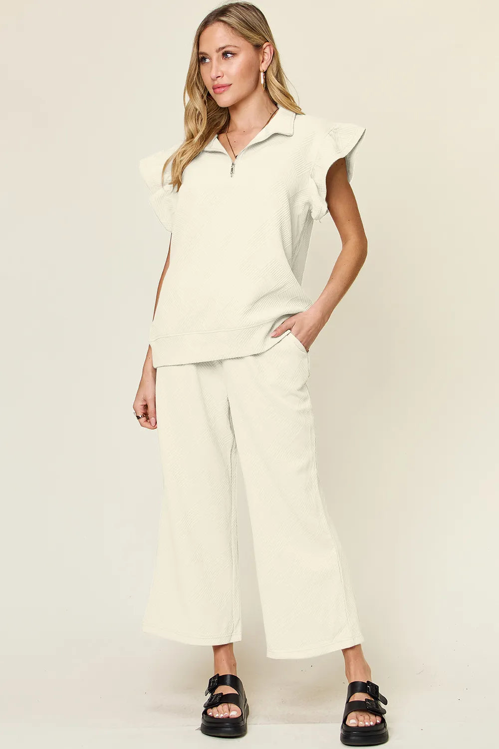 Double Take Texture Ruffle Short Sleeve Top and Drawstring Wide Leg Pants Set Cream / S