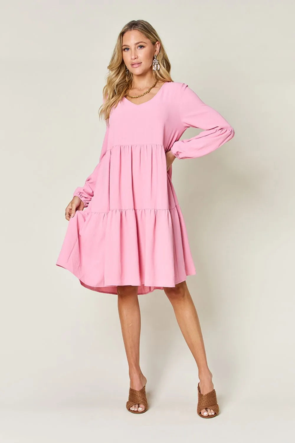 Double Take Full Size V Neck Balloon Sleeve Tiered Dress with Pockets
