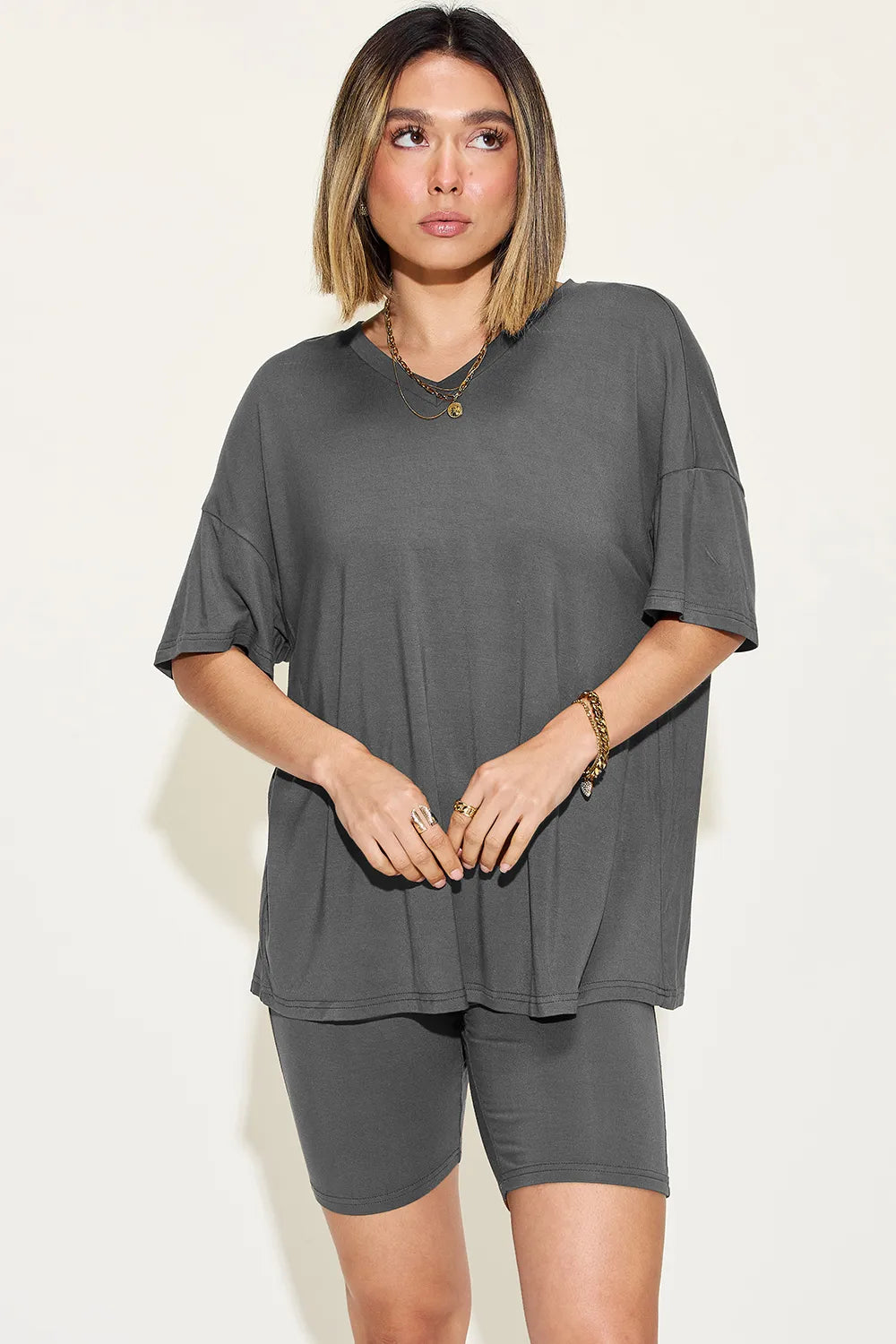 Basic Bae Full Size V Neck Drop Shoulder T Shirt and Shorts Set Dark Gray / S