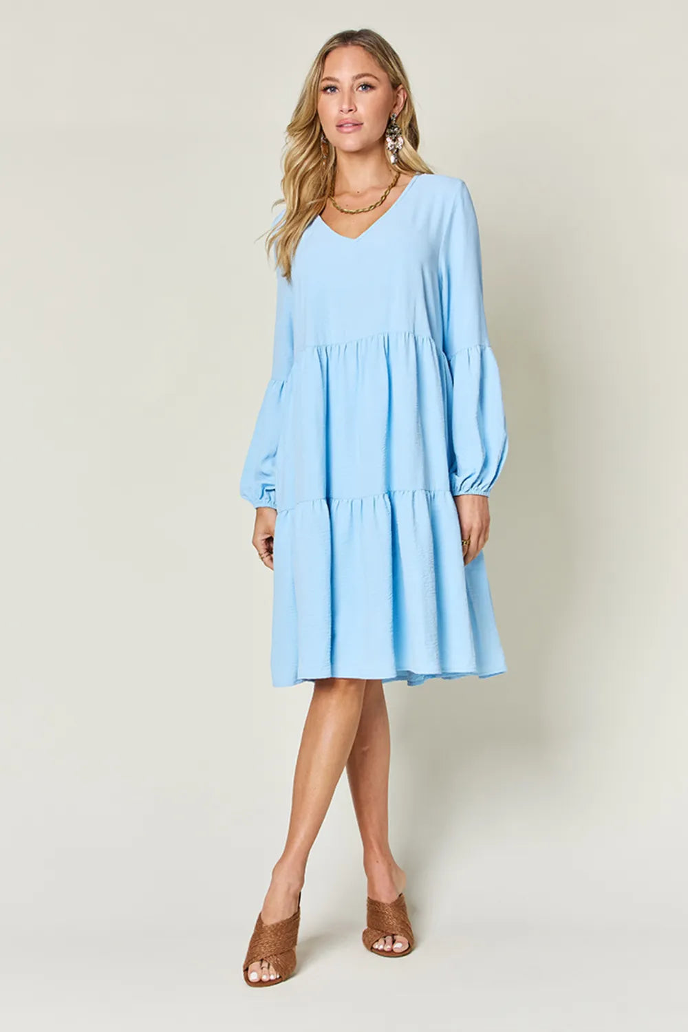 Double Take Full Size V Neck Balloon Sleeve Tiered Dress with Pockets