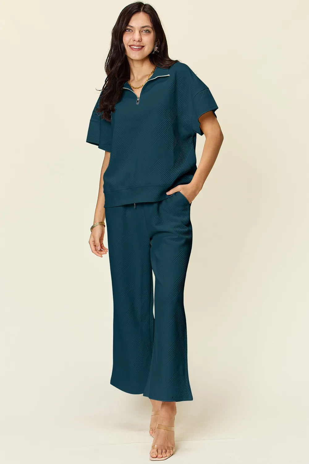 Double Take Full Size Texture Half Zip Short Sleeve Top and Pants Set Deep Teal / S