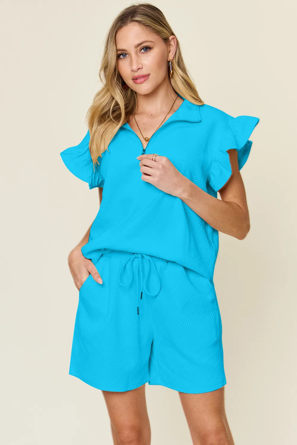 Double Take Full Size Texture Flounce Sleeve Top and Drawstring Shorts Set Sky Blue / S