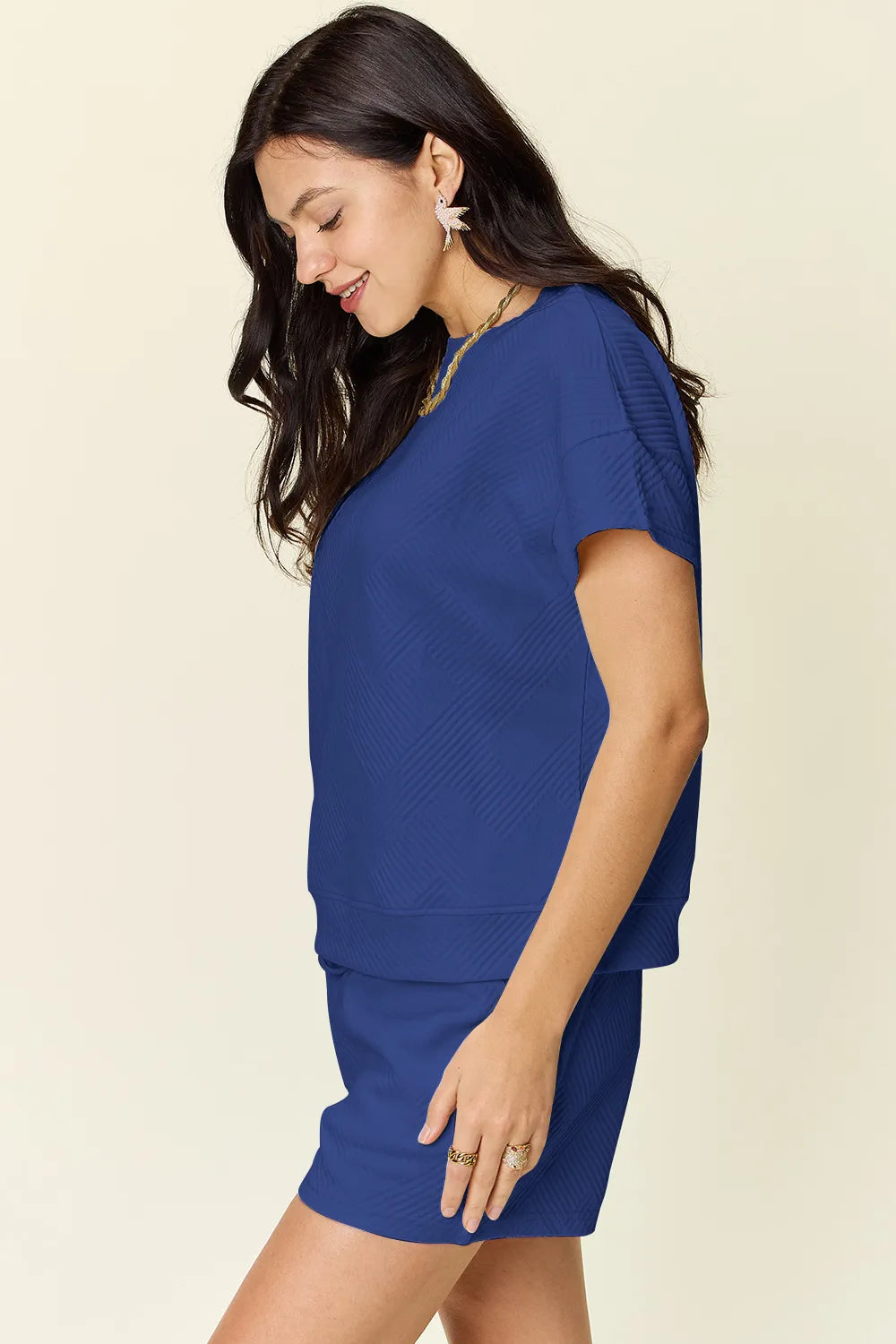 Double Take Full Size Texture Short Sleeve T Shirt and Drawstring Shorts Set
