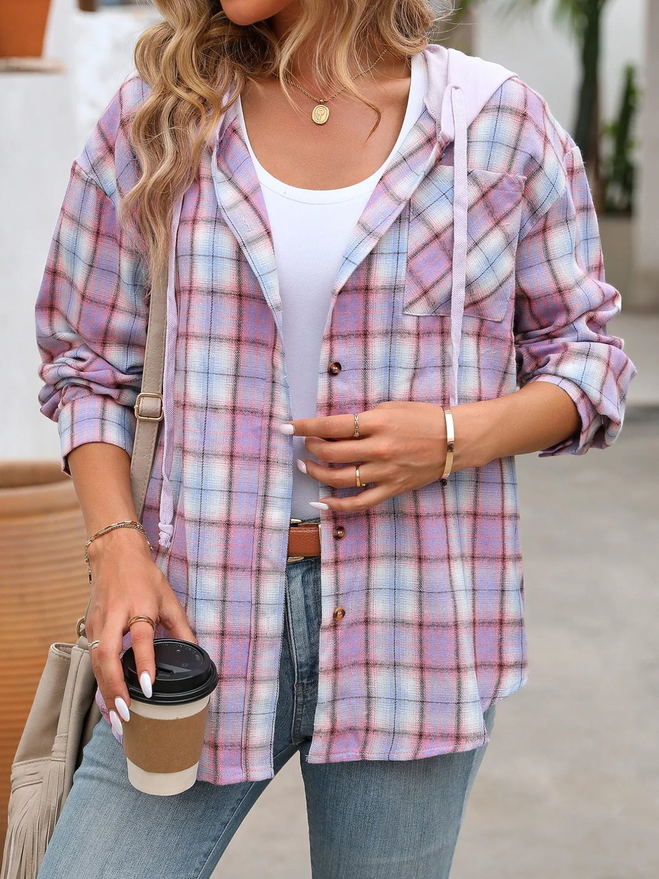 Plaid Button Up Hooded Shirt