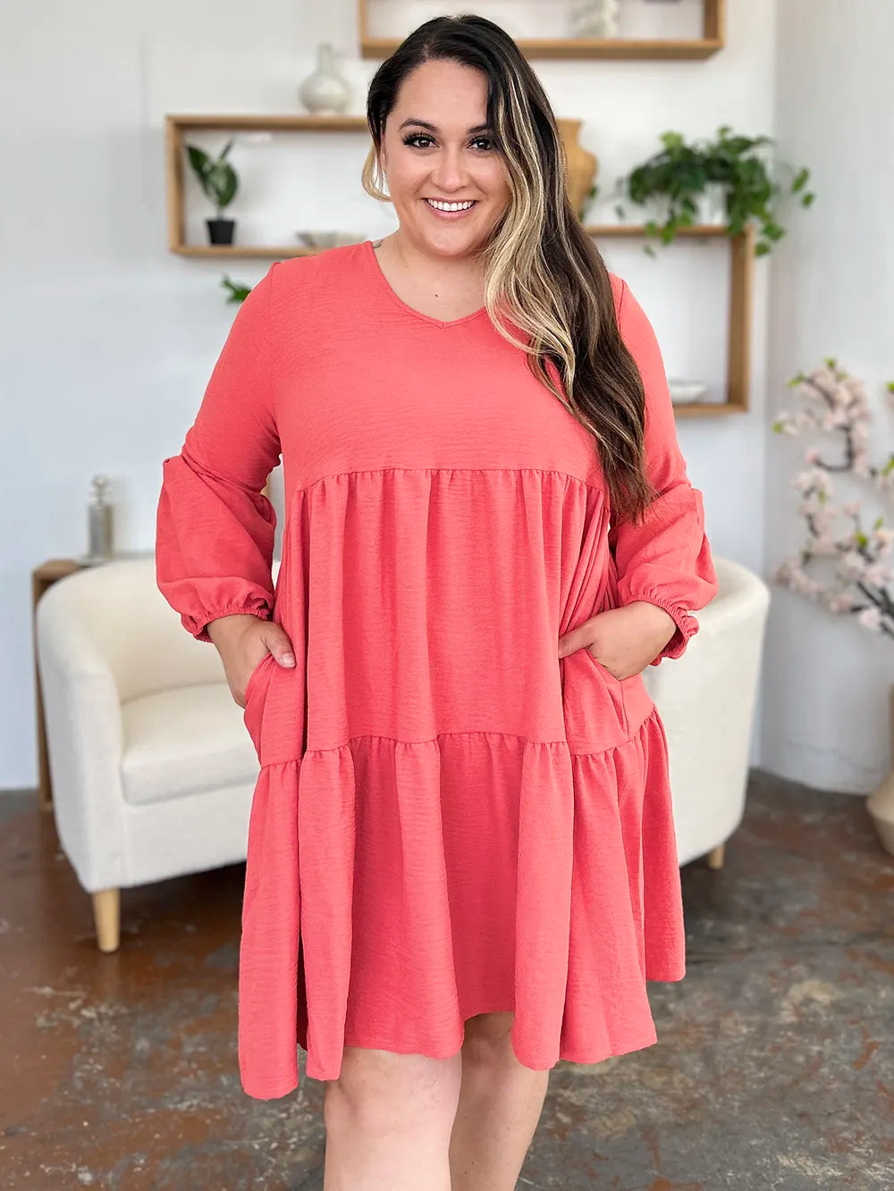 Double Take Full Size V Neck Balloon Sleeve Tiered Dress with Pockets Coral / S