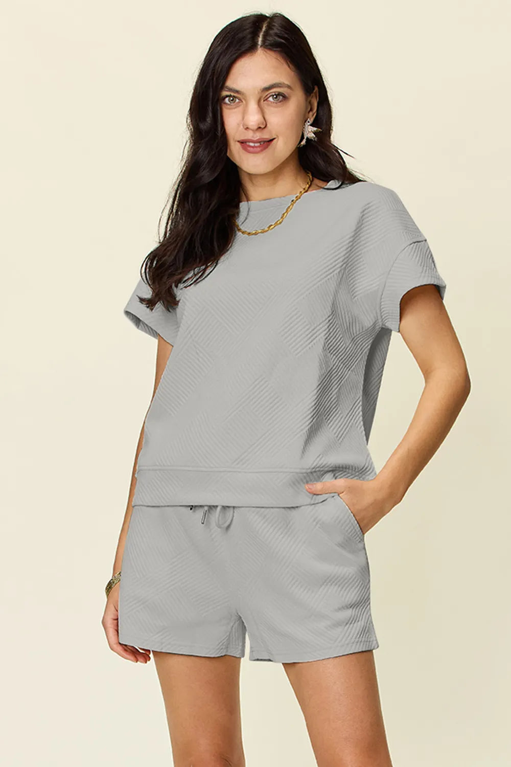 Double Take Full Size Texture Short Sleeve T Shirt and Drawstring Shorts Set Light Gray / S
