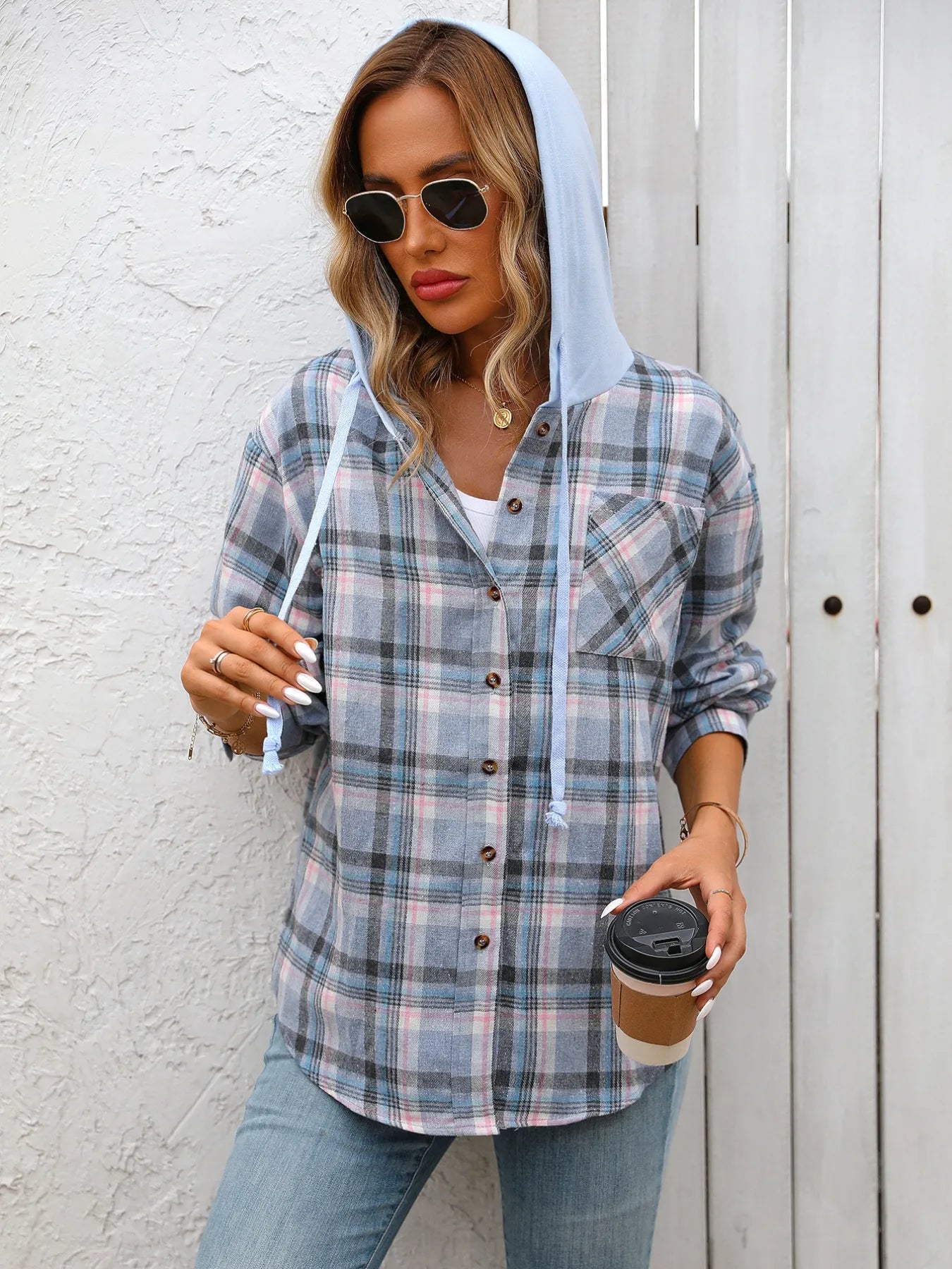 Plaid Button Up Hooded Shirt