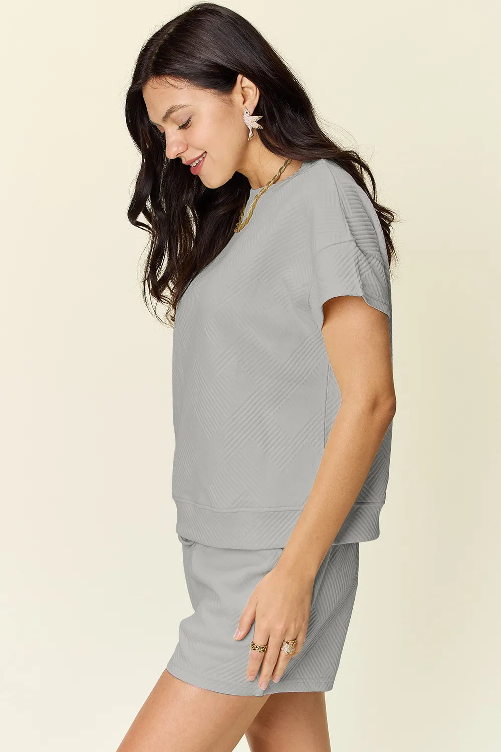 Double Take Full Size Texture Short Sleeve T Shirt and Drawstring Shorts Set