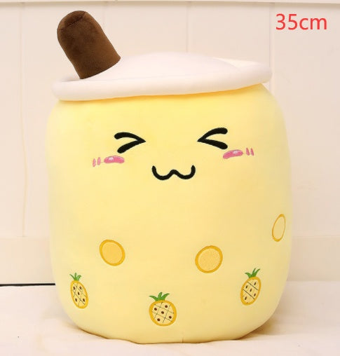 Cute Fruit Drink Plush Stuffed Soft Strawberry Milk Tea Boba Cup Toy Bubble Pillow Cushion Kids Gift Yellow / 35CM