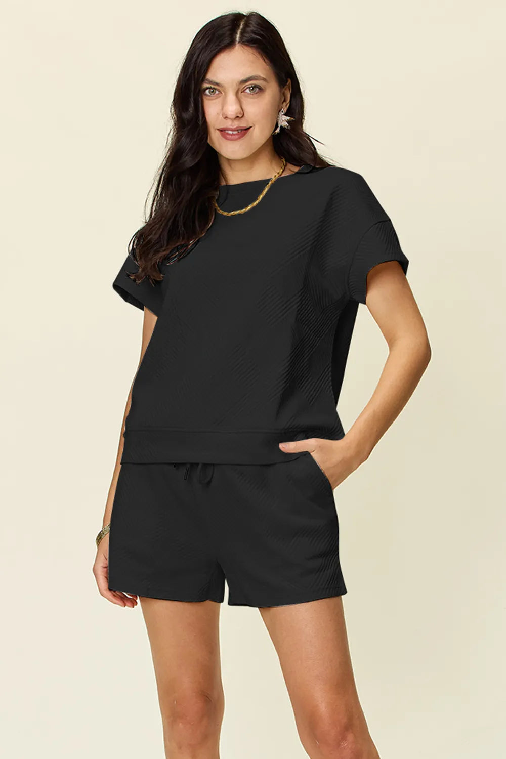 Double Take Full Size Texture Short Sleeve T Shirt and Drawstring Shorts Set Black / S