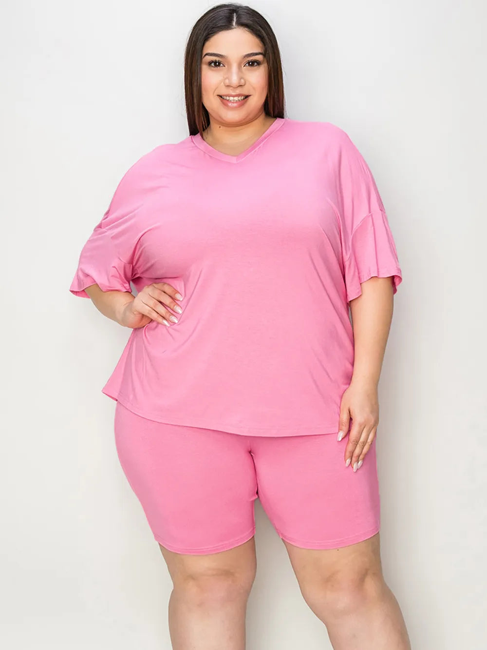Basic Bae Full Size V Neck Drop Shoulder T Shirt and Shorts Set