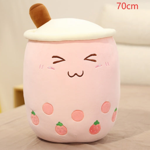 Cute Fruit Drink Plush Stuffed Soft Strawberry Milk Tea Boba Cup Toy Bubble Pillow Cushion Kids Gift Pink / 70CM