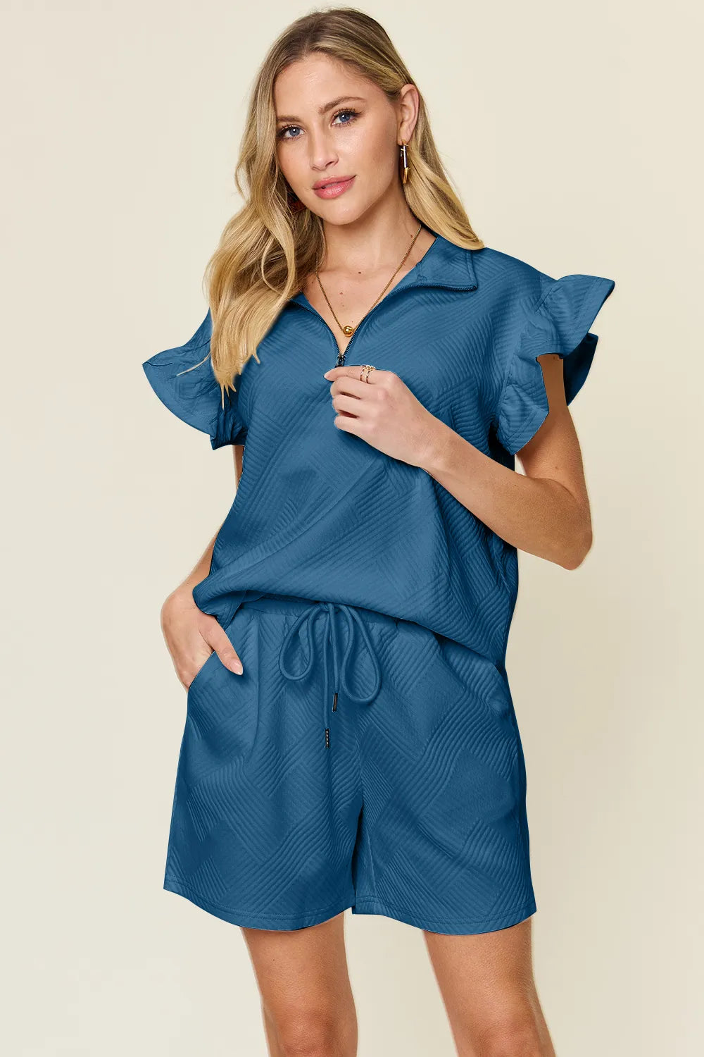 Double Take Full Size Texture Flounce Sleeve Top and Drawstring Shorts Set French Blue / S