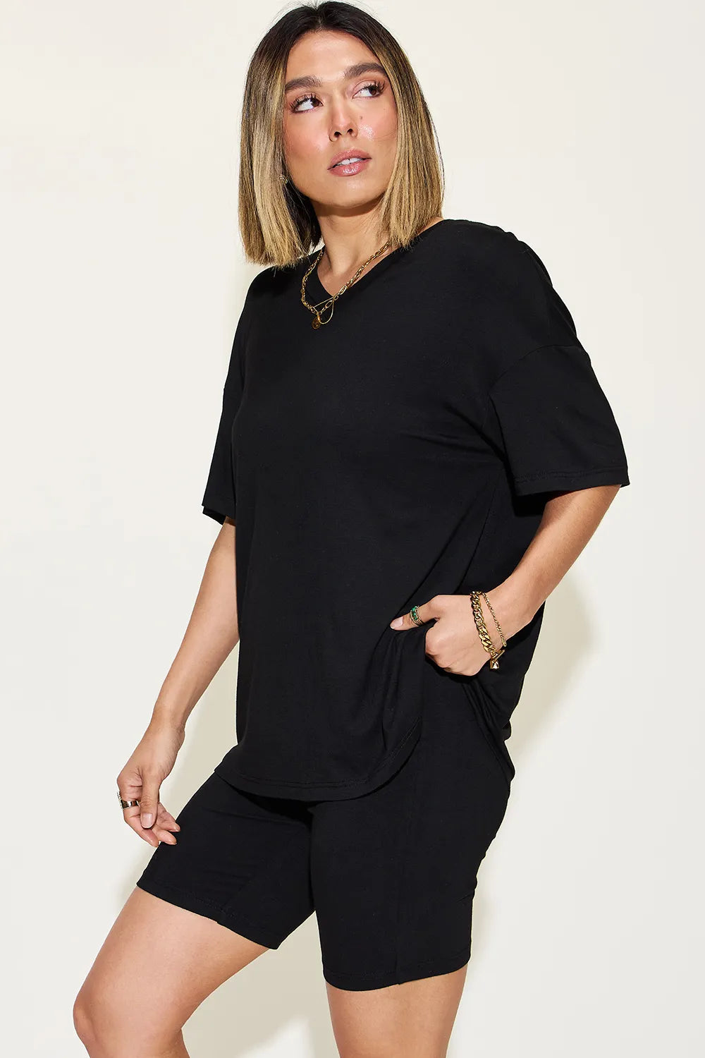 Basic Bae Full Size V Neck Drop Shoulder T Shirt and Shorts Set Black / S