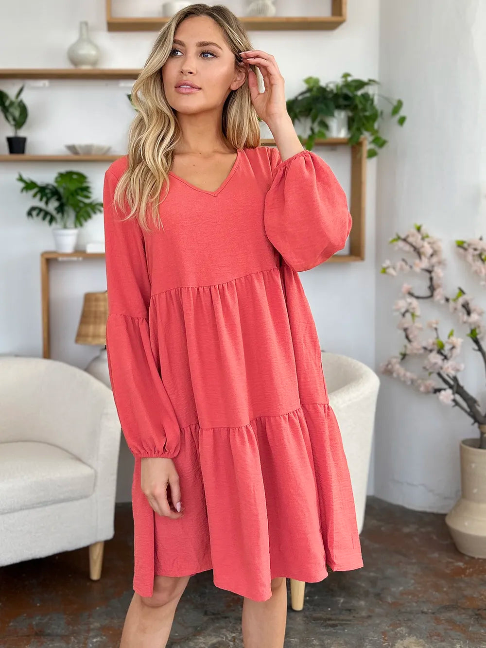 Double Take Full Size V Neck Balloon Sleeve Tiered Dress with Pockets
