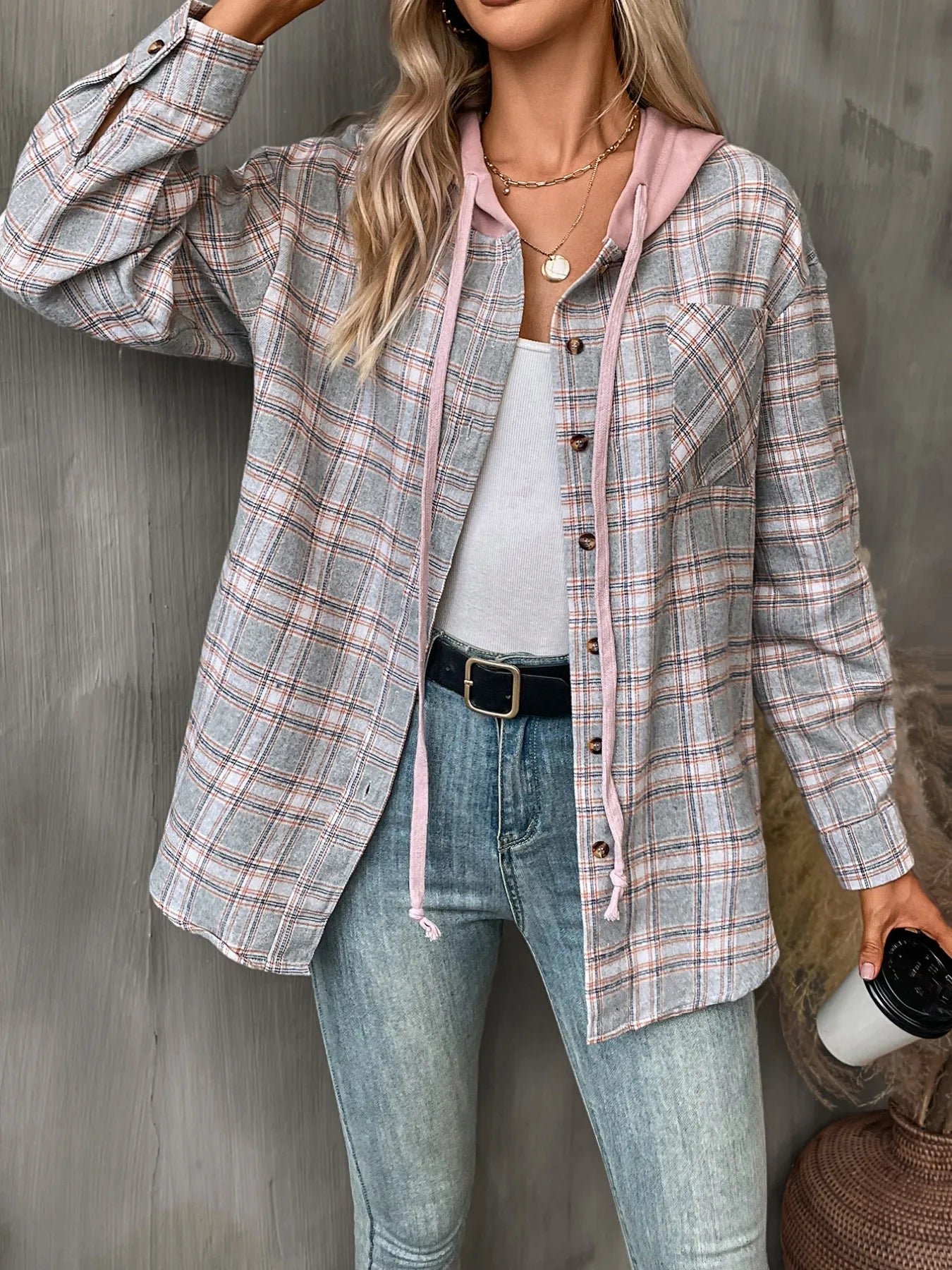 Plaid Button Up Hooded Shirt Grey / S