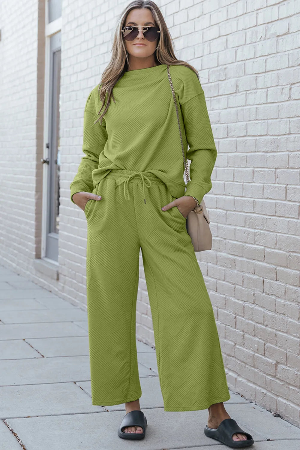 Double Take Full Size Textured Long Sleeve Top and Drawstring Pants Set Yellow Green / S