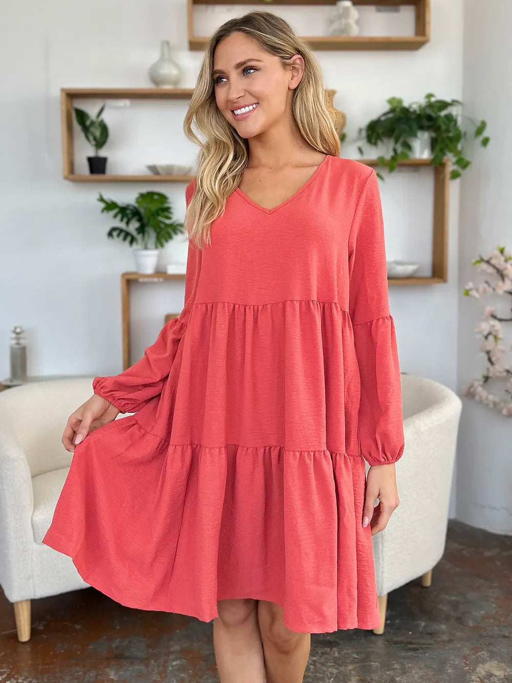 Double Take Full Size V Neck Balloon Sleeve Tiered Dress with Pockets
