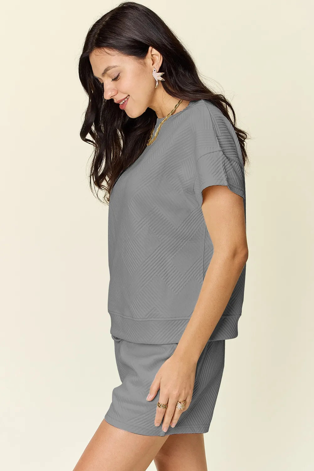 Double Take Full Size Texture Short Sleeve T Shirt and Drawstring Shorts Set