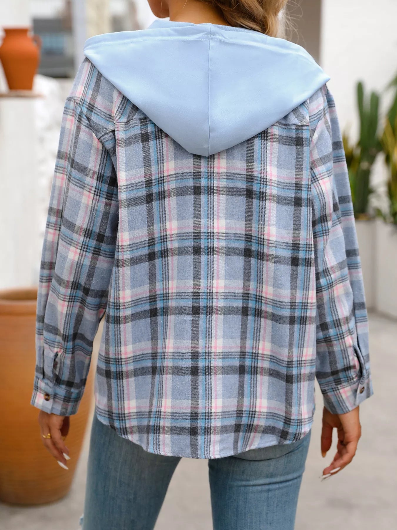 Plaid Button Up Hooded Shirt