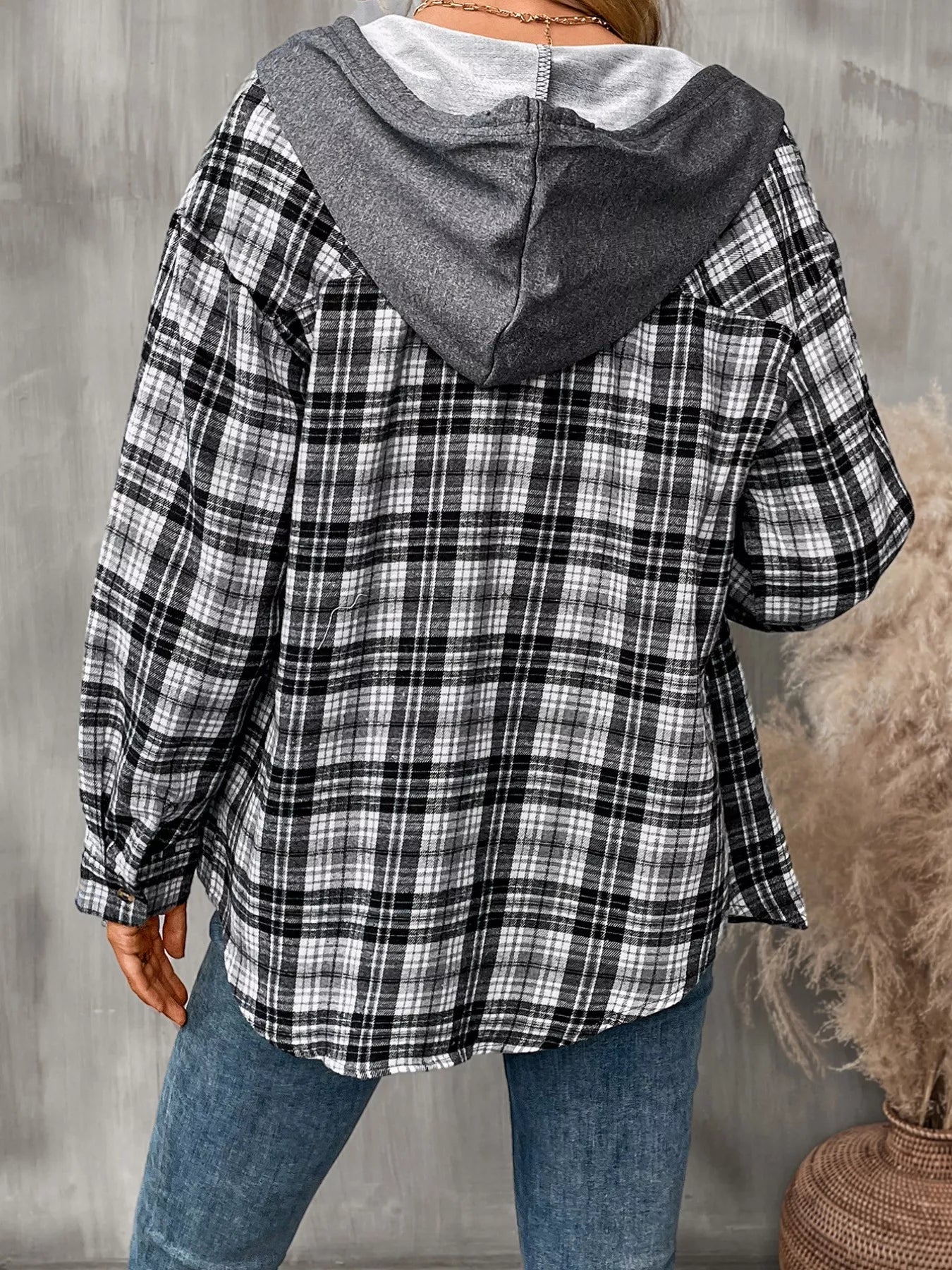 Plaid Button Up Hooded Shirt