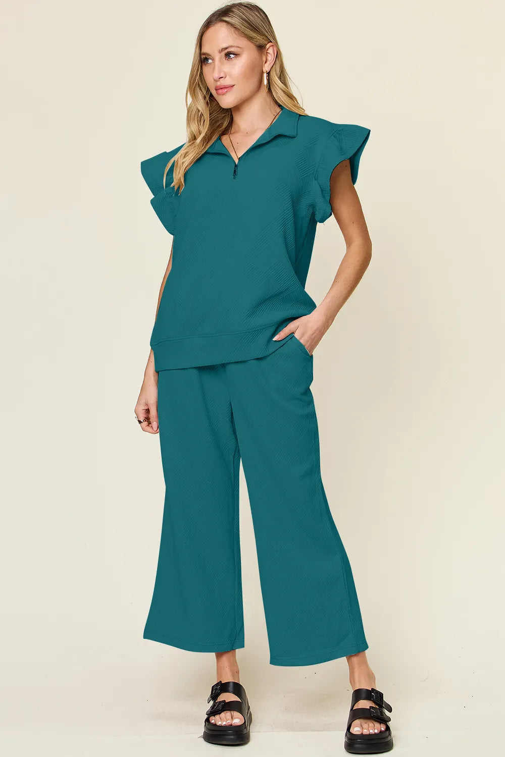 Double Take Texture Ruffle Short Sleeve Top and Drawstring Wide Leg Pants Set Deep Teal / S