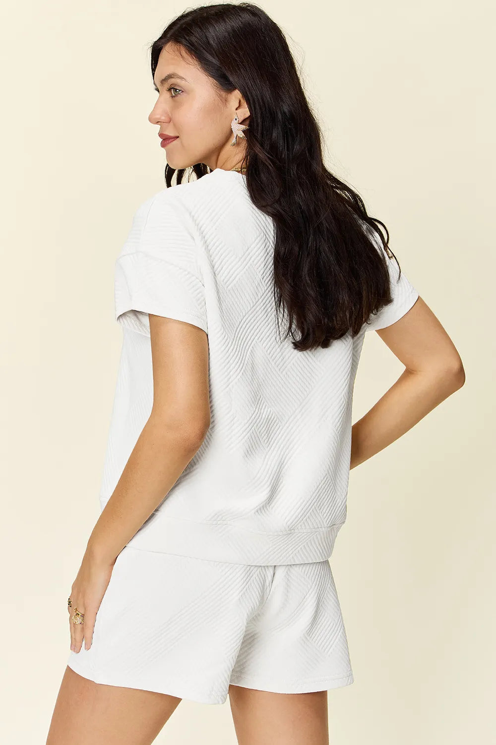 Double Take Full Size Texture Short Sleeve T Shirt and Drawstring Shorts Set
