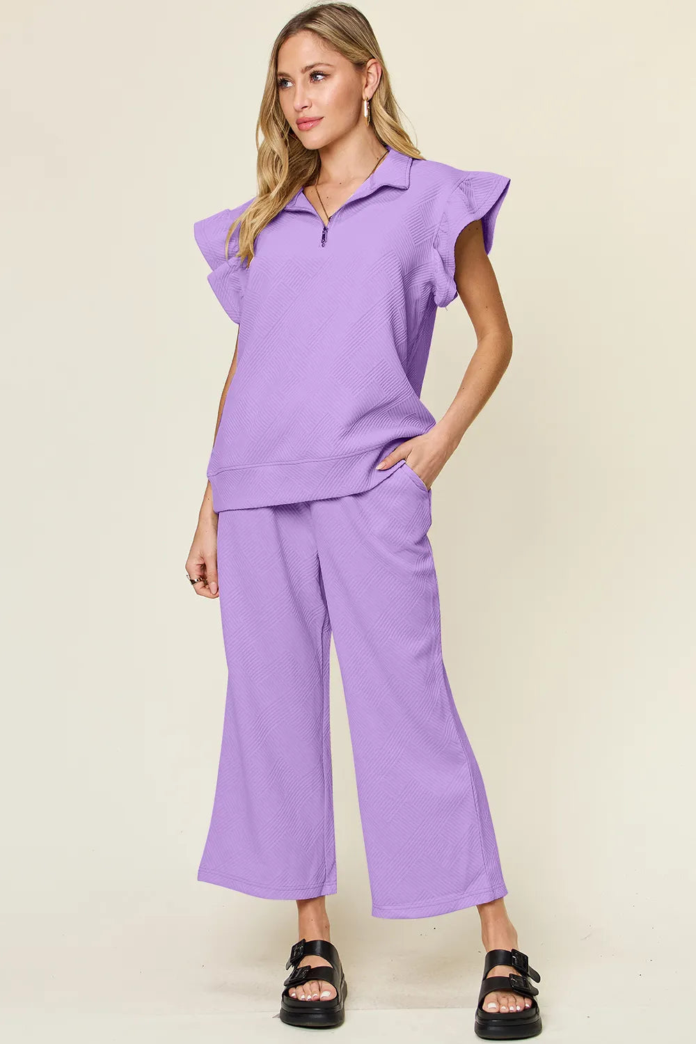 Double Take Texture Ruffle Short Sleeve Top and Drawstring Wide Leg Pants Set Lavender / S