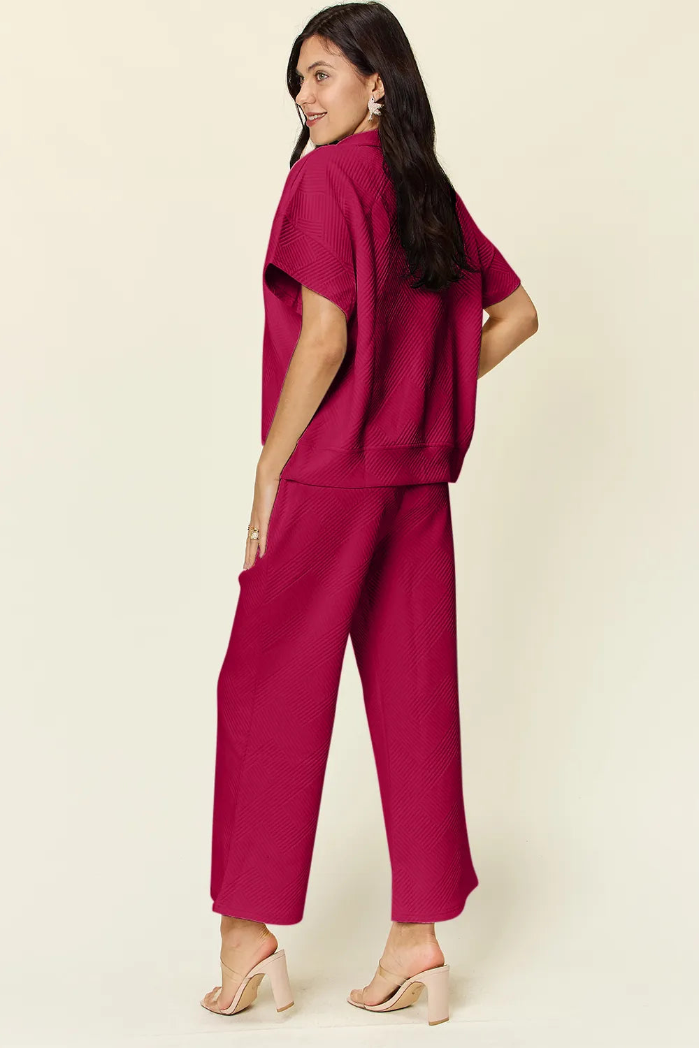 Double Take Full Size Texture Half Zip Short Sleeve Top and Pants Set Hot Pink / S