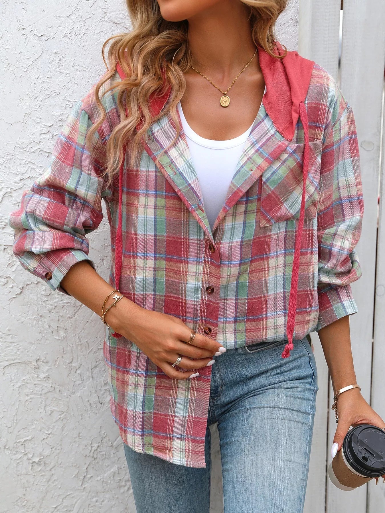 Plaid Button Up Hooded Shirt Red / S