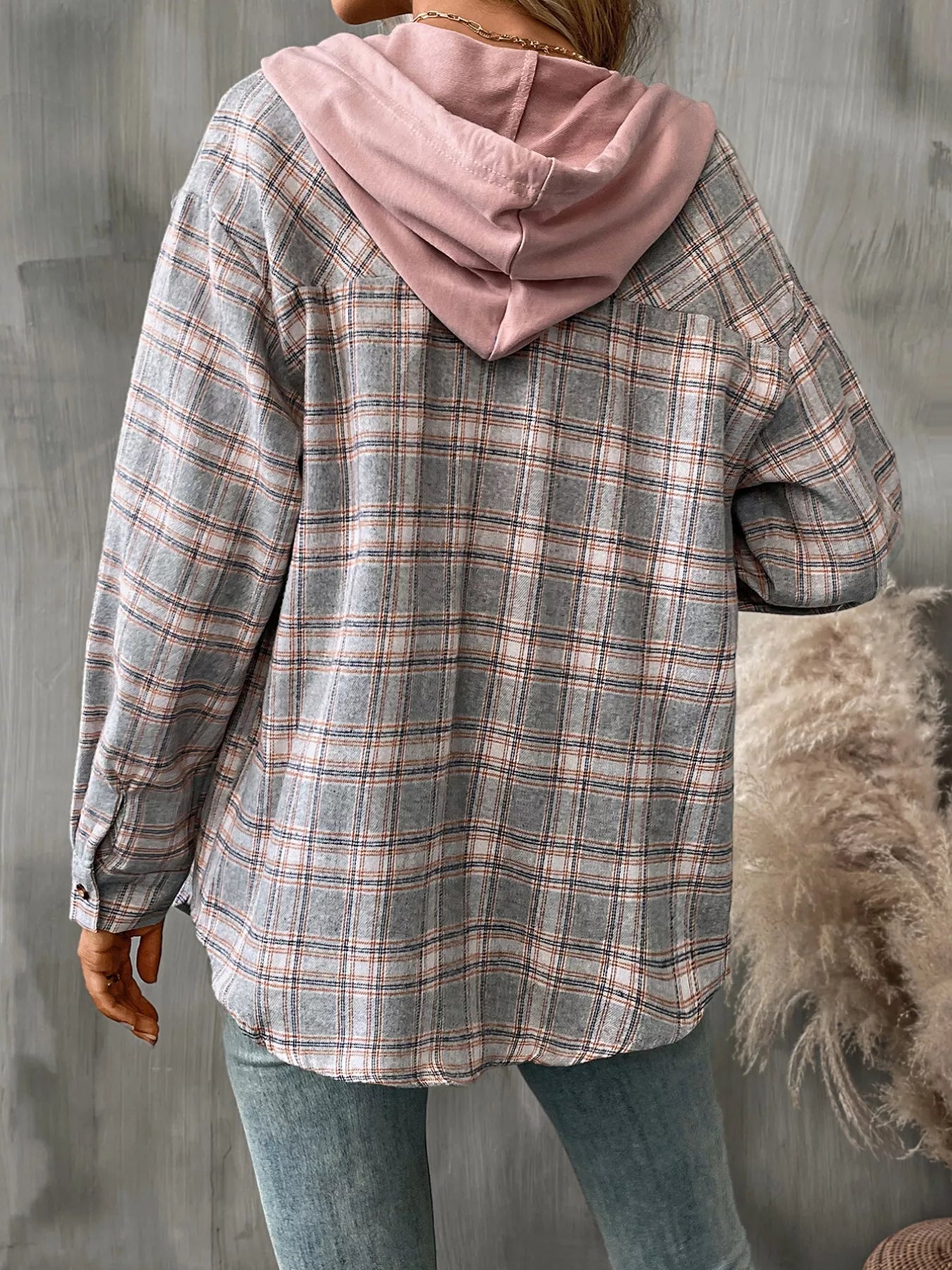 Plaid Button Up Hooded Shirt