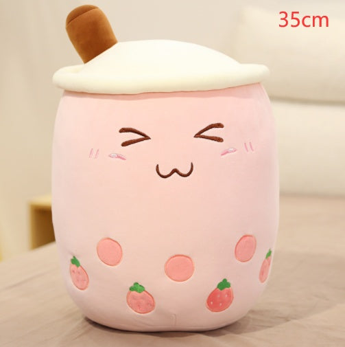 Cute Fruit Drink Plush Stuffed Soft Strawberry Milk Tea Boba Cup Toy Bubble Pillow Cushion Kids Gift Pink / 35CM