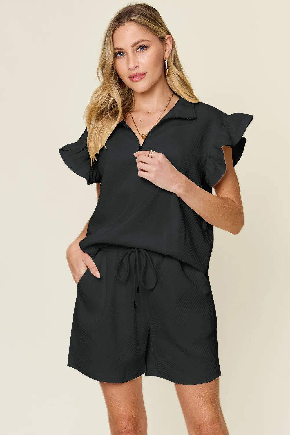 Double Take Full Size Texture Flounce Sleeve Top and Drawstring Shorts Set Black / S