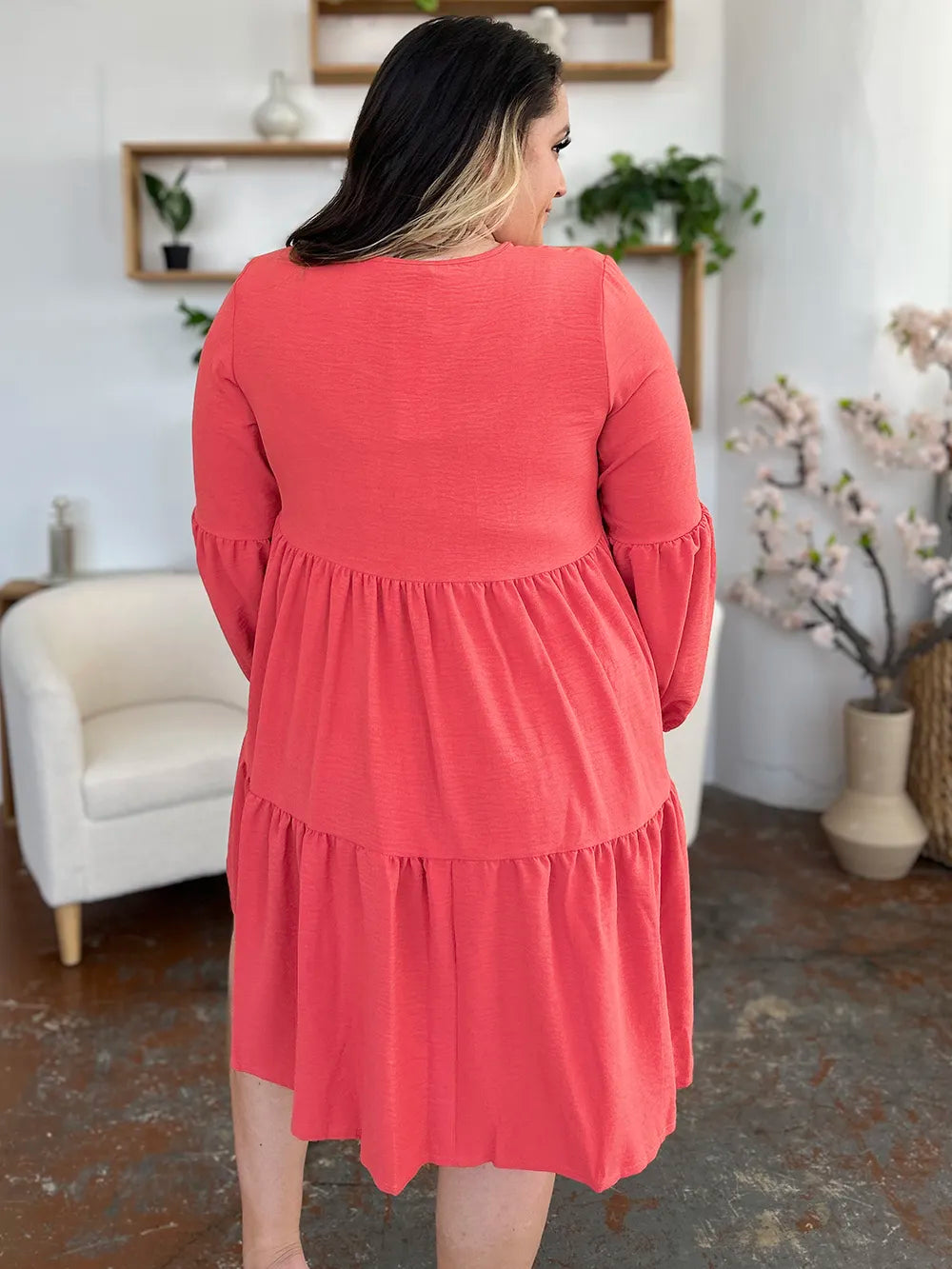 Double Take Full Size V Neck Balloon Sleeve Tiered Dress with Pockets