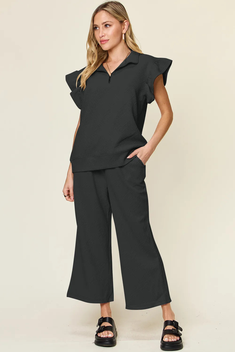Double Take Texture Ruffle Short Sleeve Top and Drawstring Wide Leg Pants Set Black / S