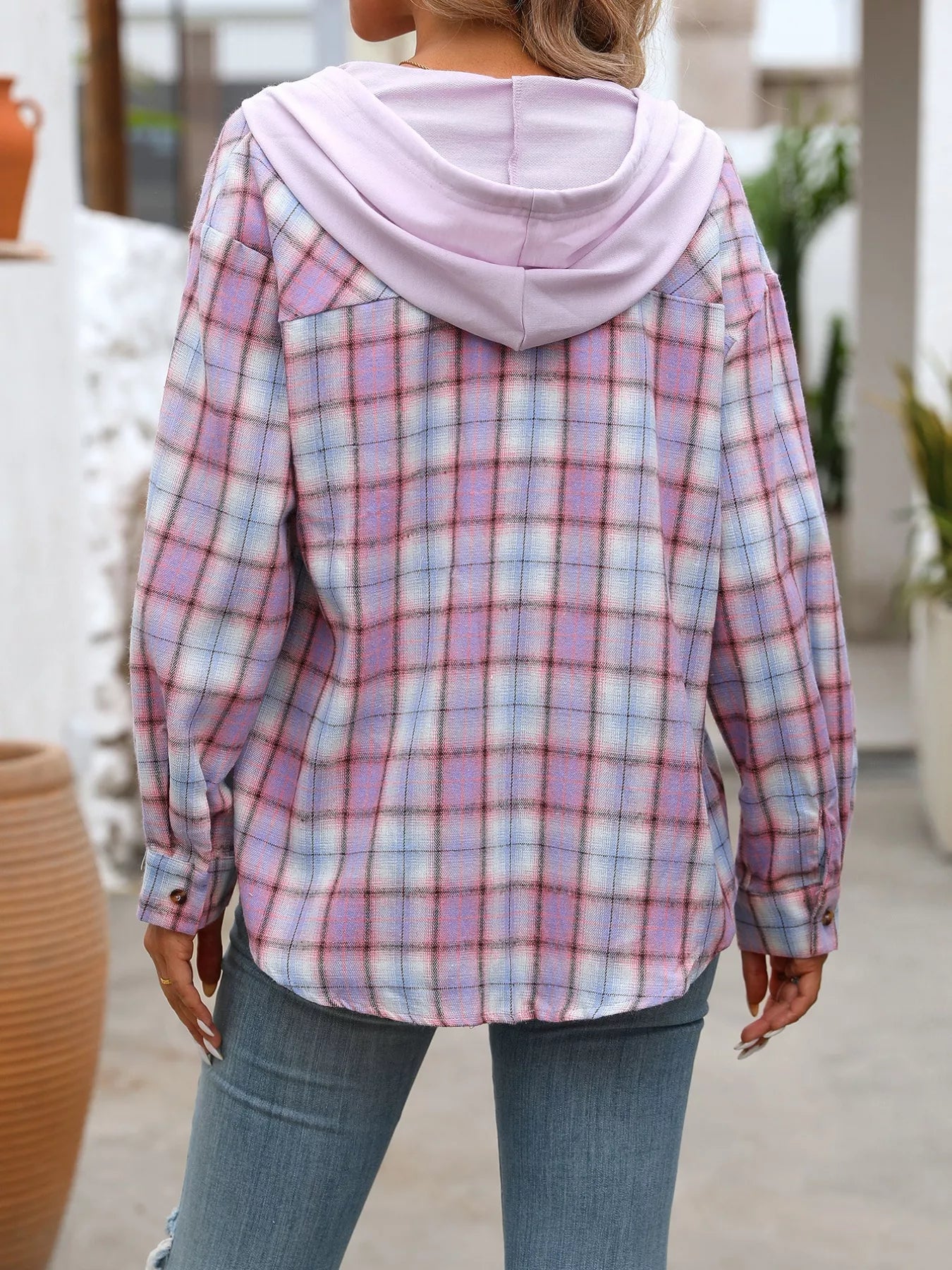 Plaid Button Up Hooded Shirt