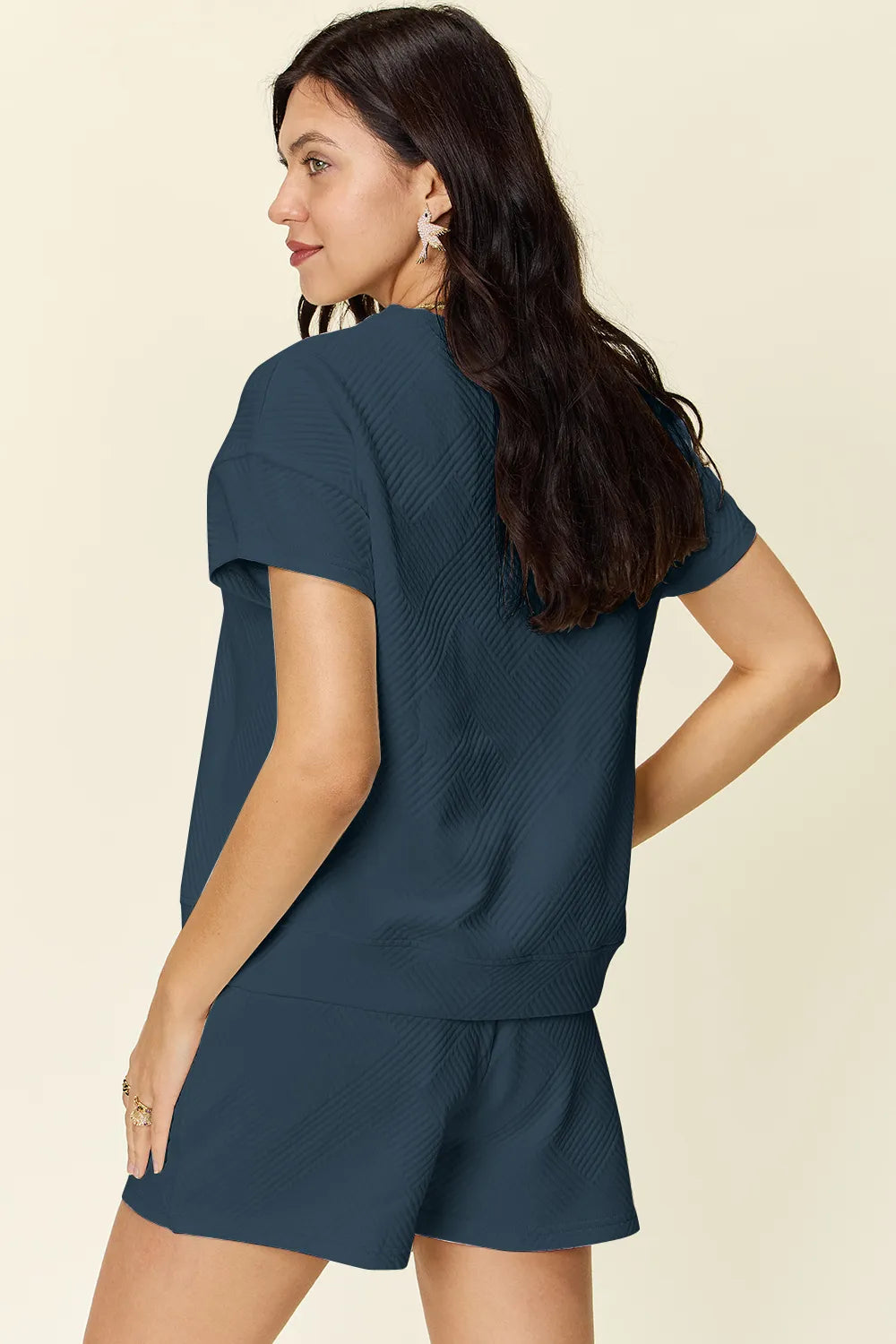 Double Take Full Size Texture Short Sleeve T Shirt and Drawstring Shorts Set