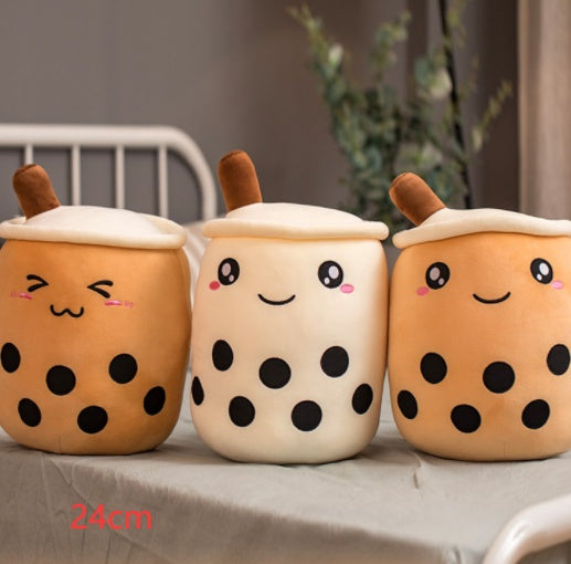 Cute Fruit Drink Plush Stuffed Soft Strawberry Milk Tea Boba Cup Toy Bubble Pillow Cushion Kids Gift Family / 24CM
