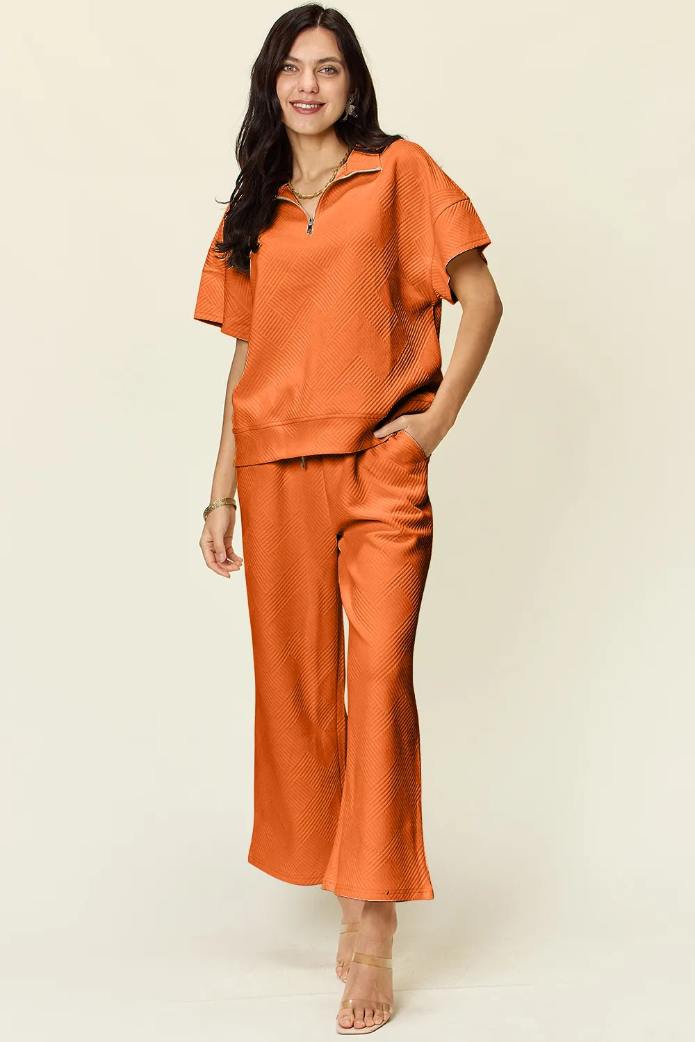 Double Take Full Size Texture Half Zip Short Sleeve Top and Pants Set Tangerine / S