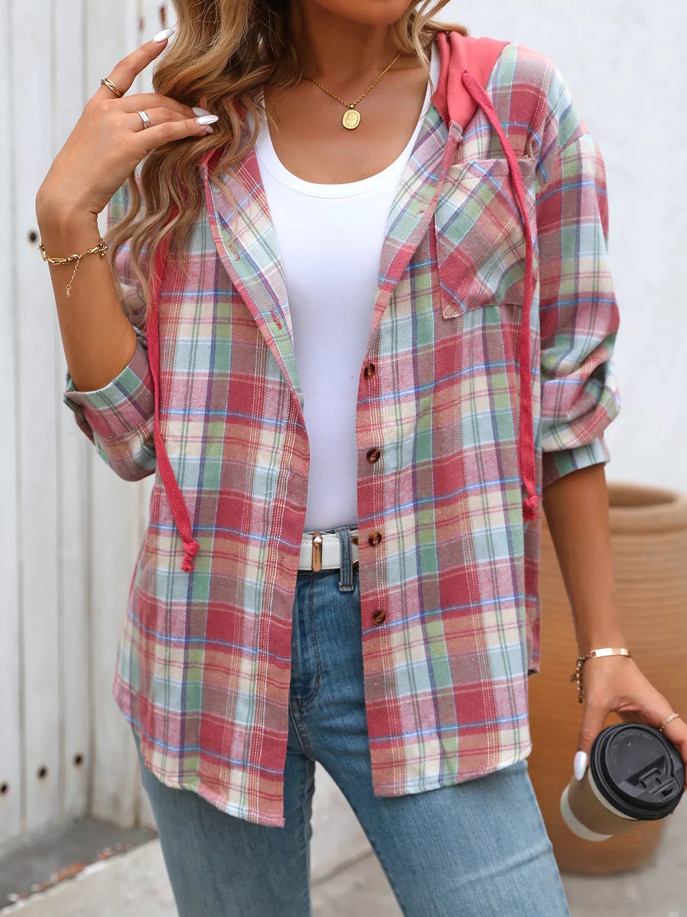Plaid Button Up Hooded Shirt