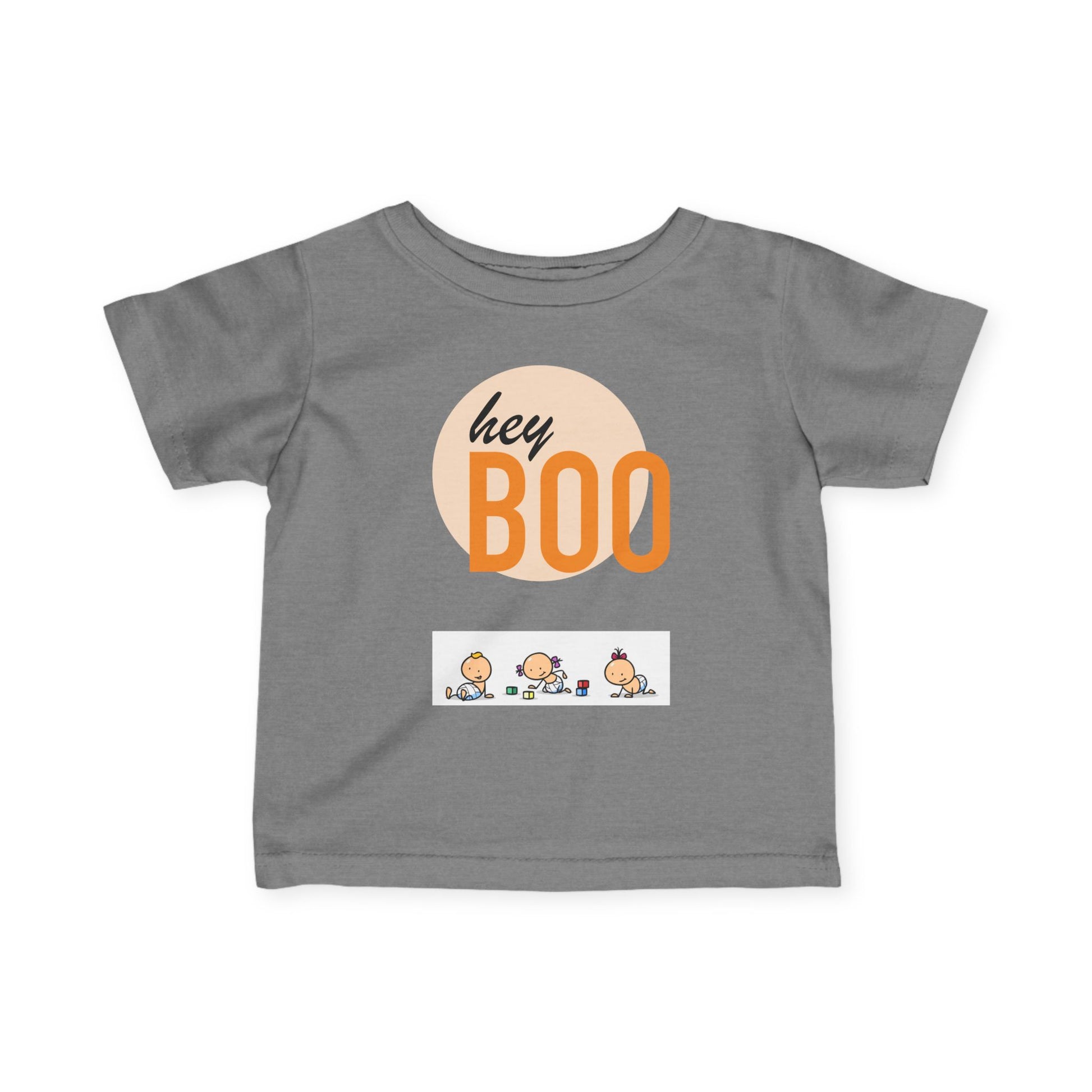Adorable Infant Fine Jersey Tee ’Hey Boo’ for Fall Baby Showers Halloween or Everyday Fun! Granite Heather / 6M