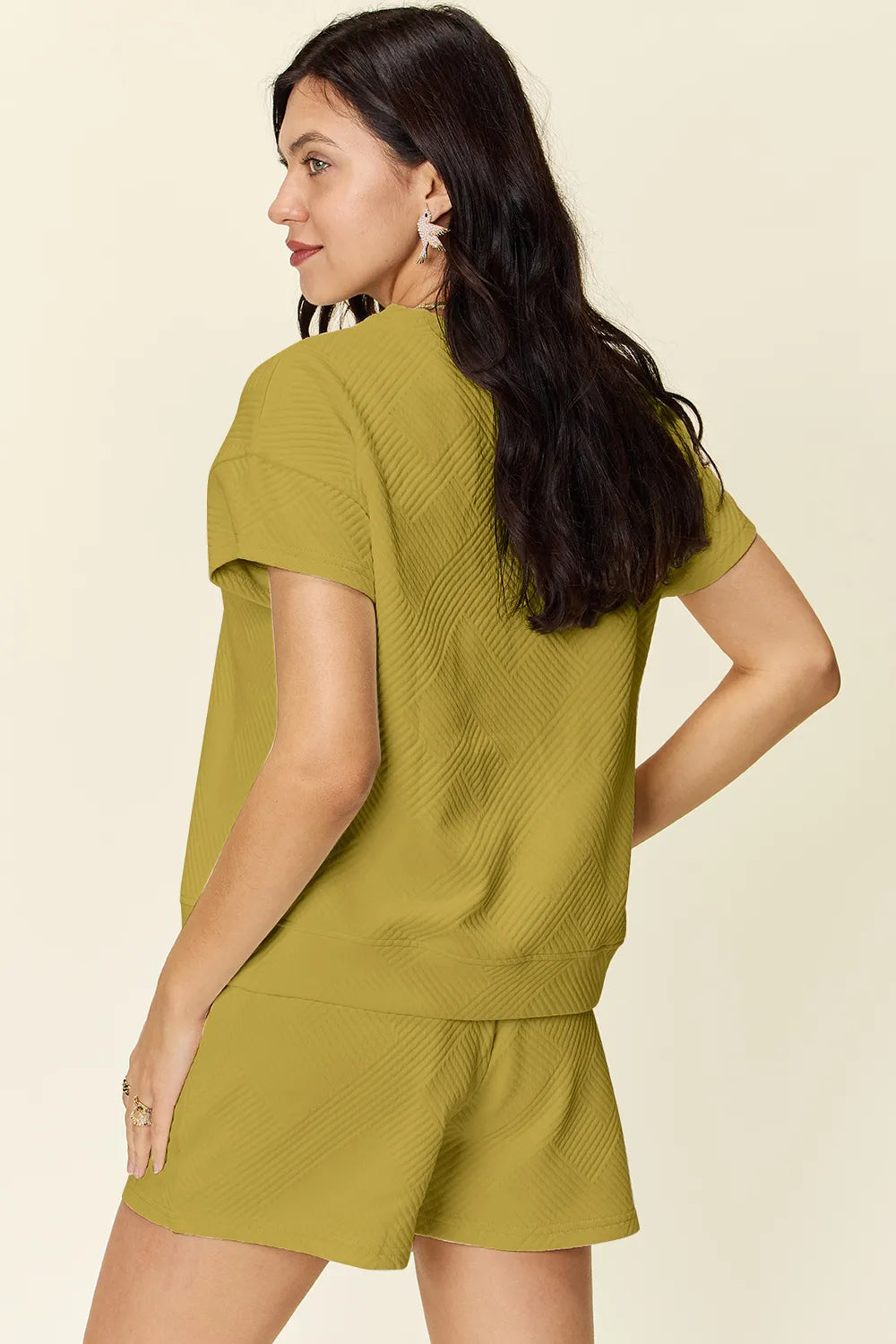 Double Take Full Size Texture Short Sleeve T Shirt and Drawstring Shorts Set