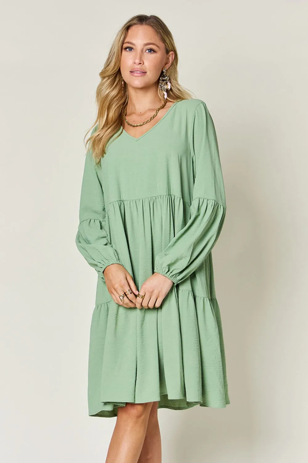 Double Take Full Size V Neck Balloon Sleeve Tiered Dress with Pockets