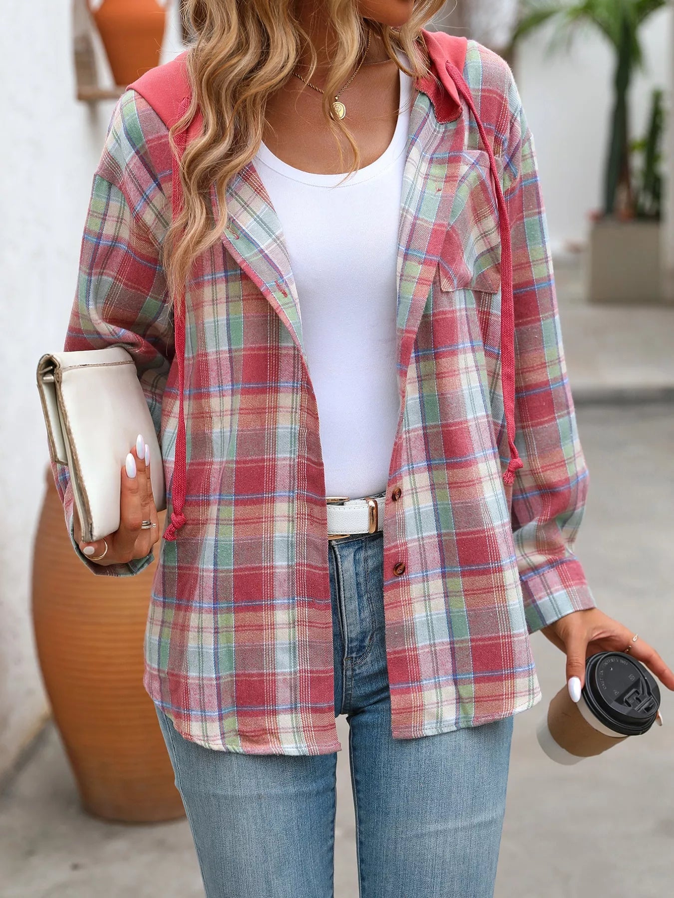 Plaid Button Up Hooded Shirt